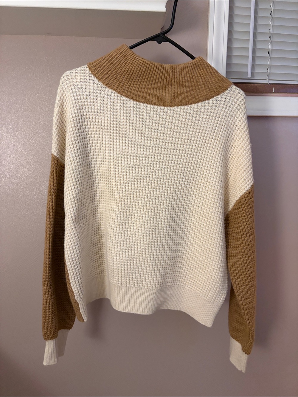 Reversible Cream and Brown Colorblock Waffle Knit Sweater